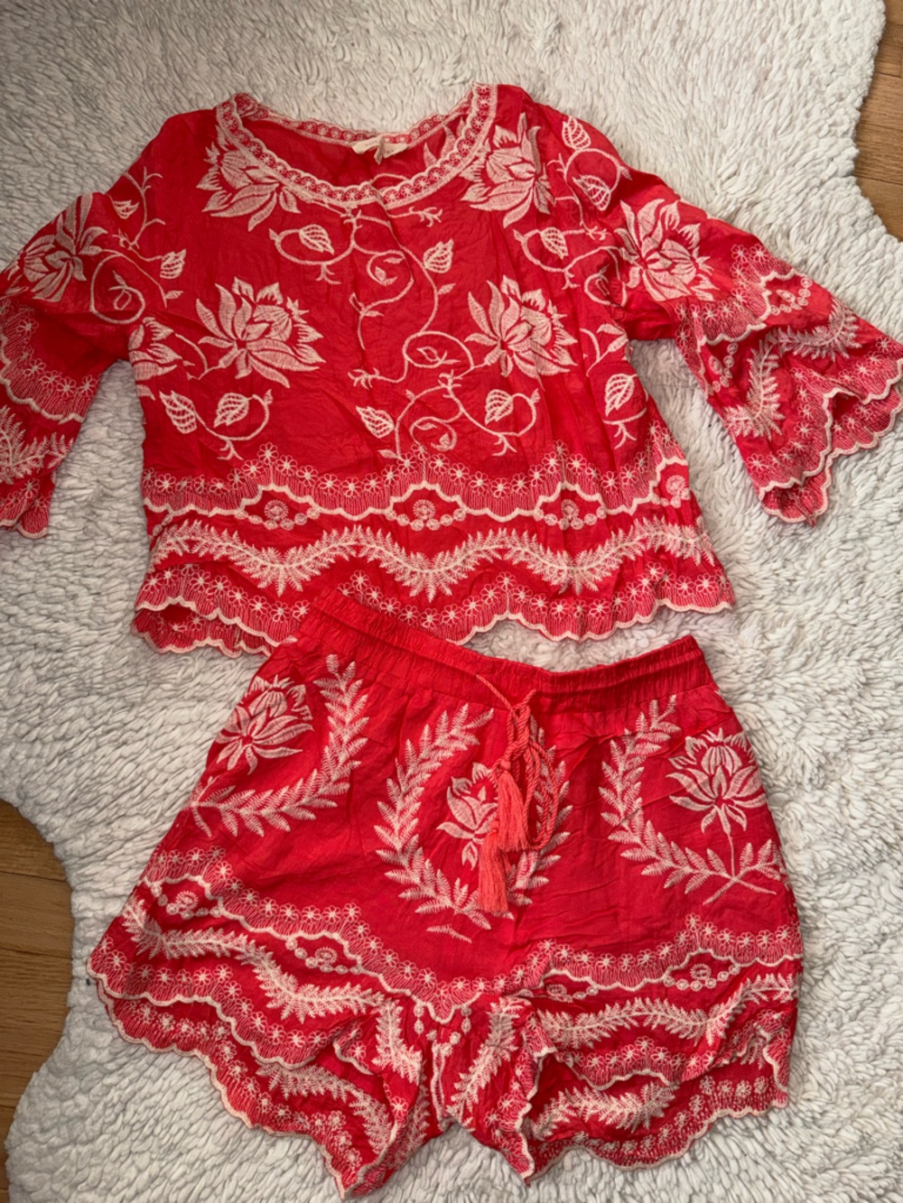 Solitaire Red Embroidered Floral Shorts Set
